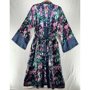 Bridgerton Izzy & Liv Floral Satin Robe Navy Pink Silhouette Cameo M/L